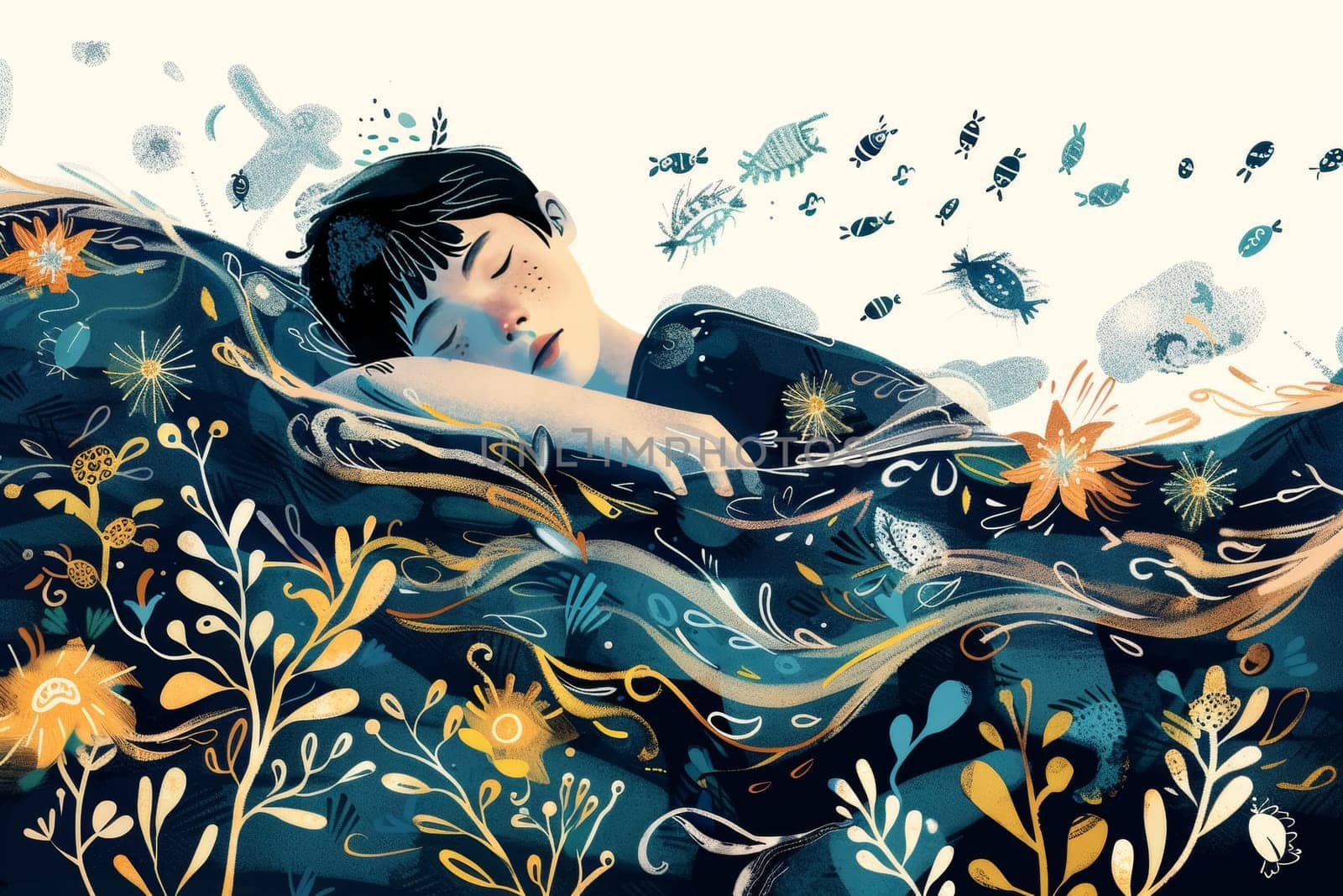 Artistic illustration of a child sleeping with underwater flora and fauna. Colorful digital painting. Fantasy dreams and underwater world concept. Design for children's book illustration or educational content