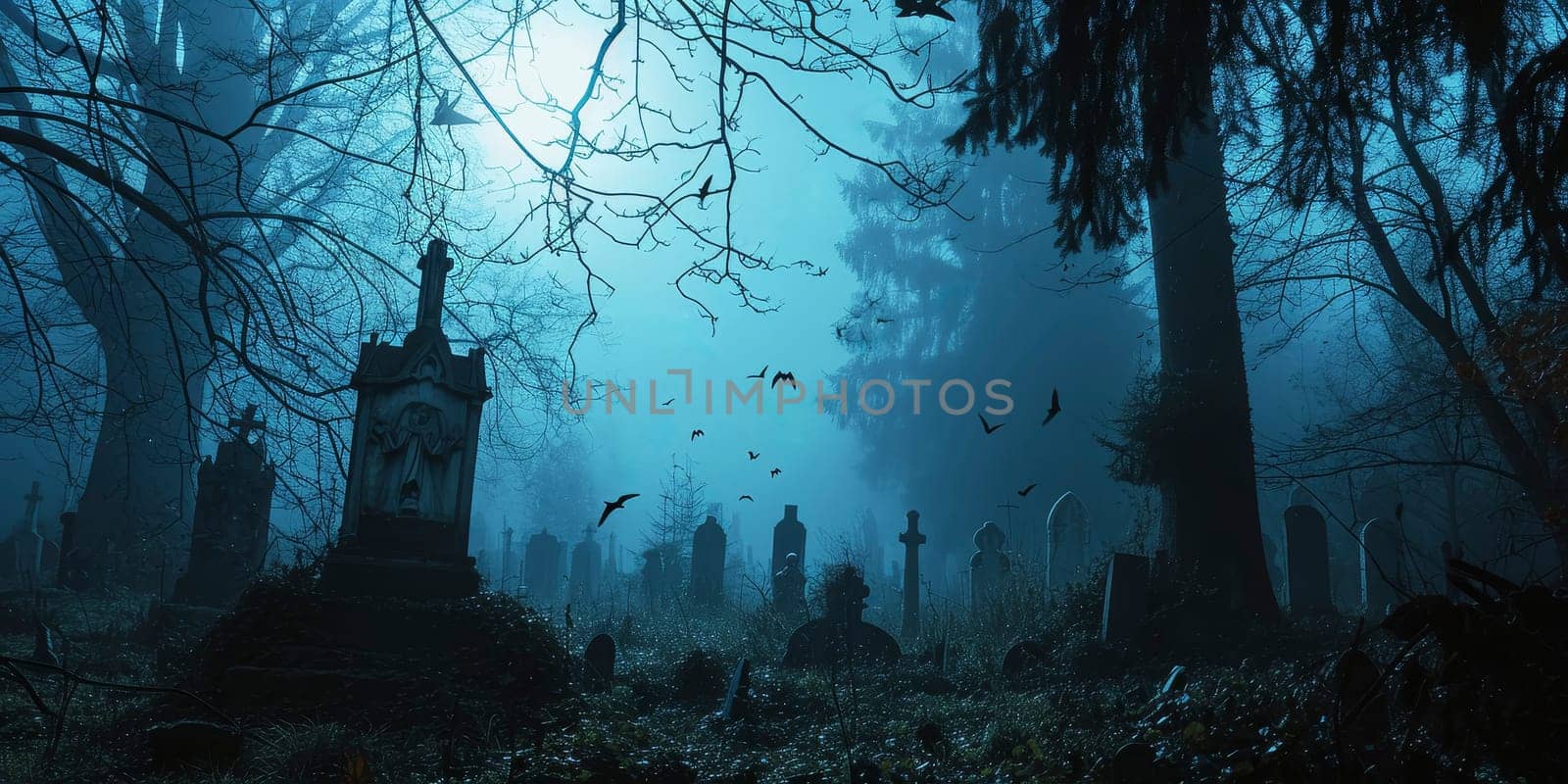 Eerie old graveyard with flying bats in misty woods