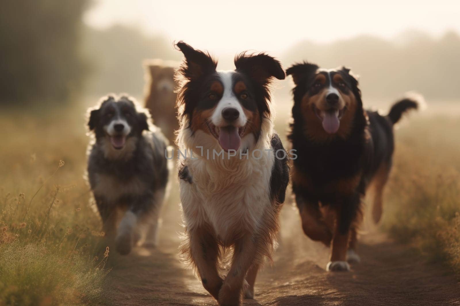 Dogs happy group sunset. Generate Ai by ylivdesign