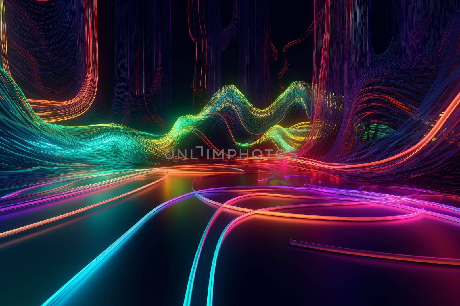 Wave glowing neon lines. Speed effect motion. Generate Ai