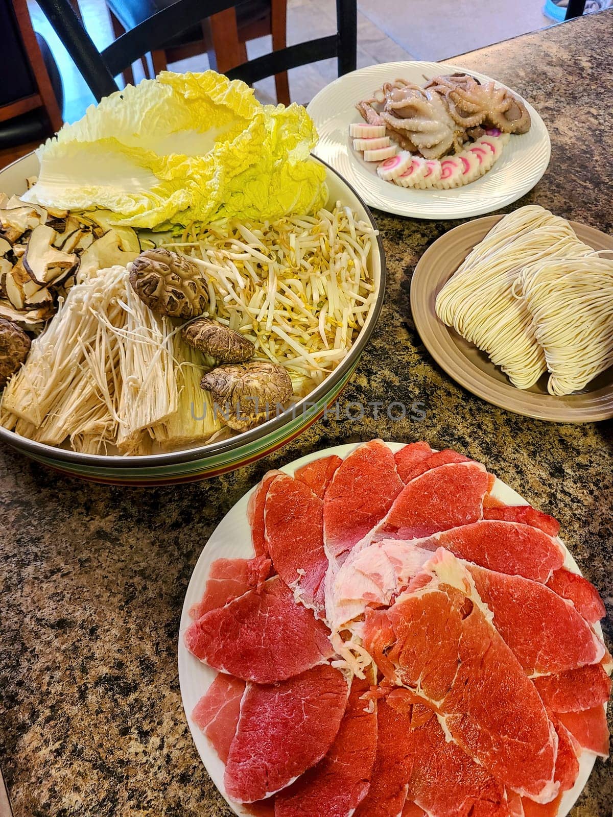 Fresh Hot Pot Ingredients Prepared for Home Cooking, Featuring Sliced Beef, Vegetables, and Seafood, Indiana, 2022