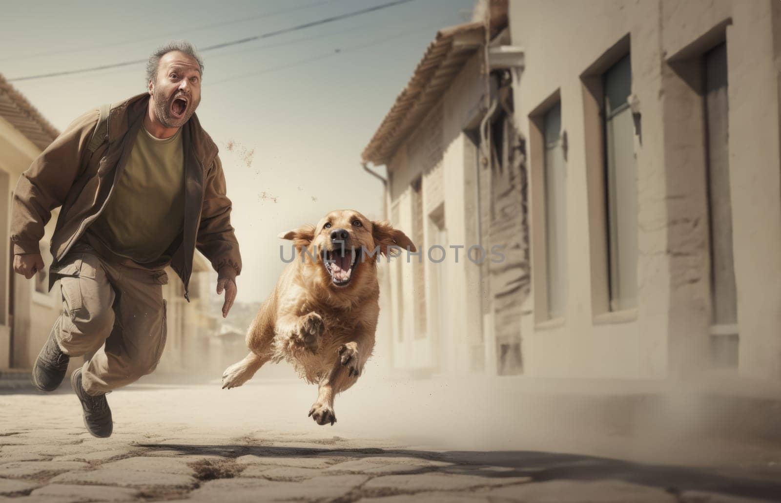 A man and his dog defy the chaos of the city streets in a blur of motion.Generated image by dotshock