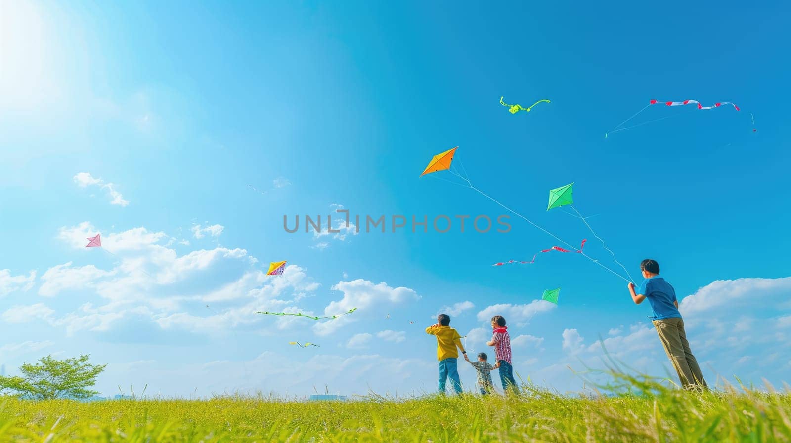 A happy family enjoys flying kites in the sky, surrounded by the natural landscape of a grassy field under the clouds. AIG41