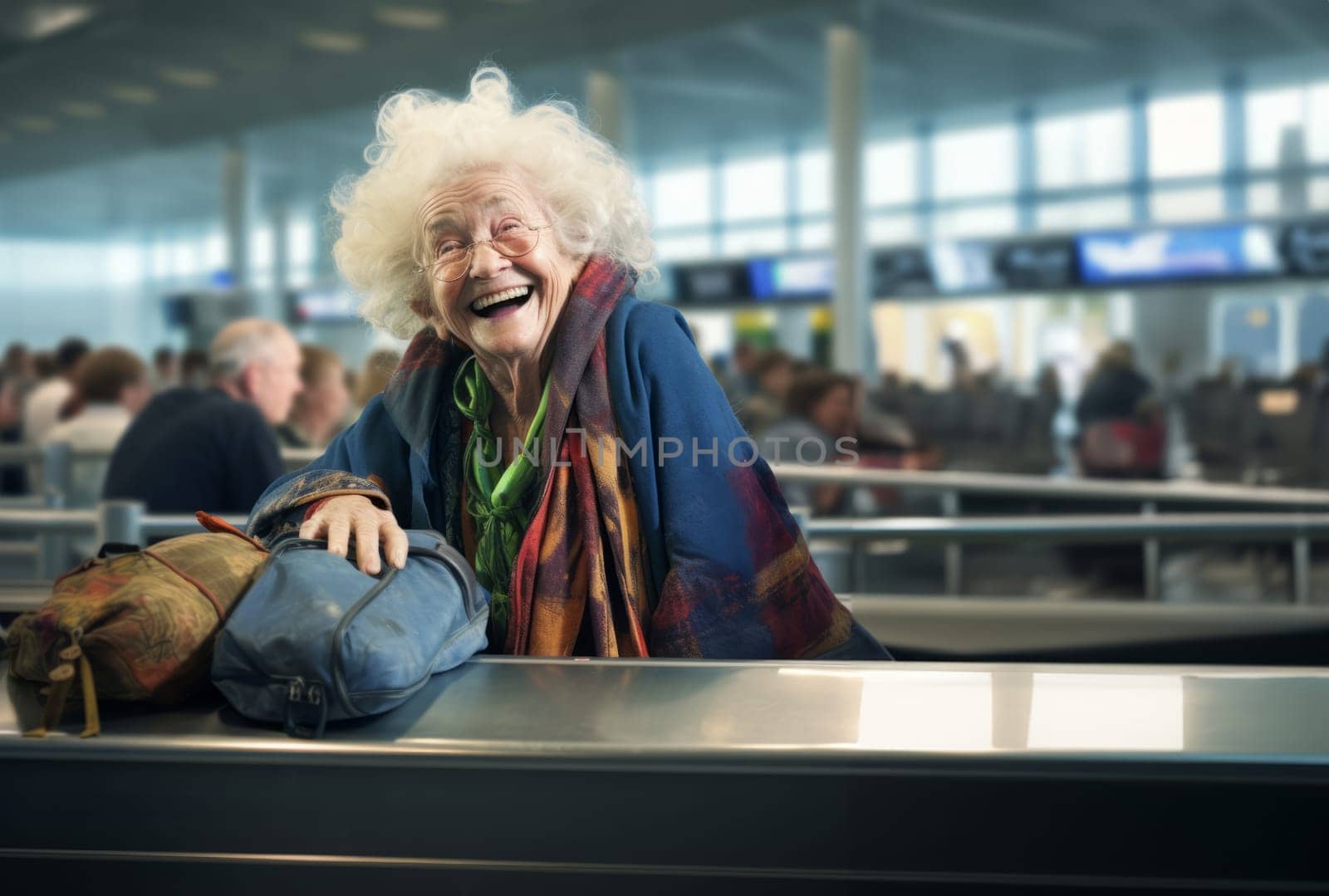 Happy Elderly Woman at Airport, Excited for Adventurous Journey.Generated image by dotshock