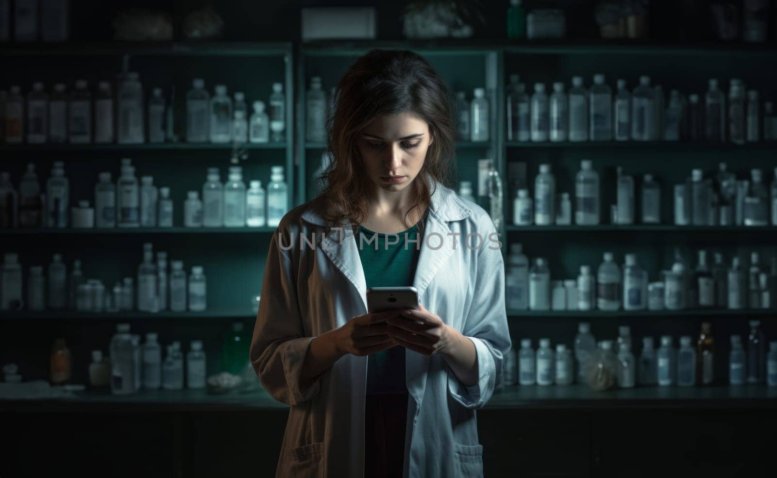 Doctor Uses Smartphone to Check Medication Inventory in Pharmacy.Generated image by dotshock