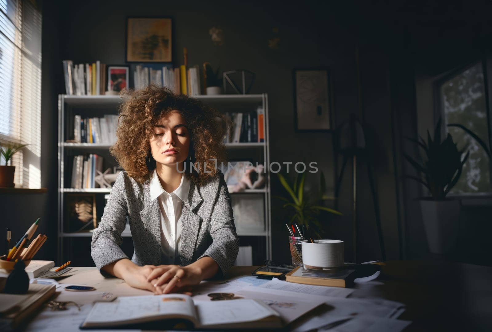 Fatigued Businesswoman Finding Mental Respite After Long Workday.Generated image by dotshock