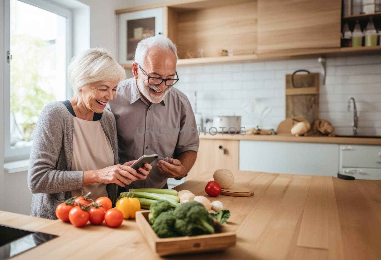 Heartwarming moment of shared happiness, an elderly married couple delights in cooking together, showcasing the enduring joy of companionship and culinary collaboration