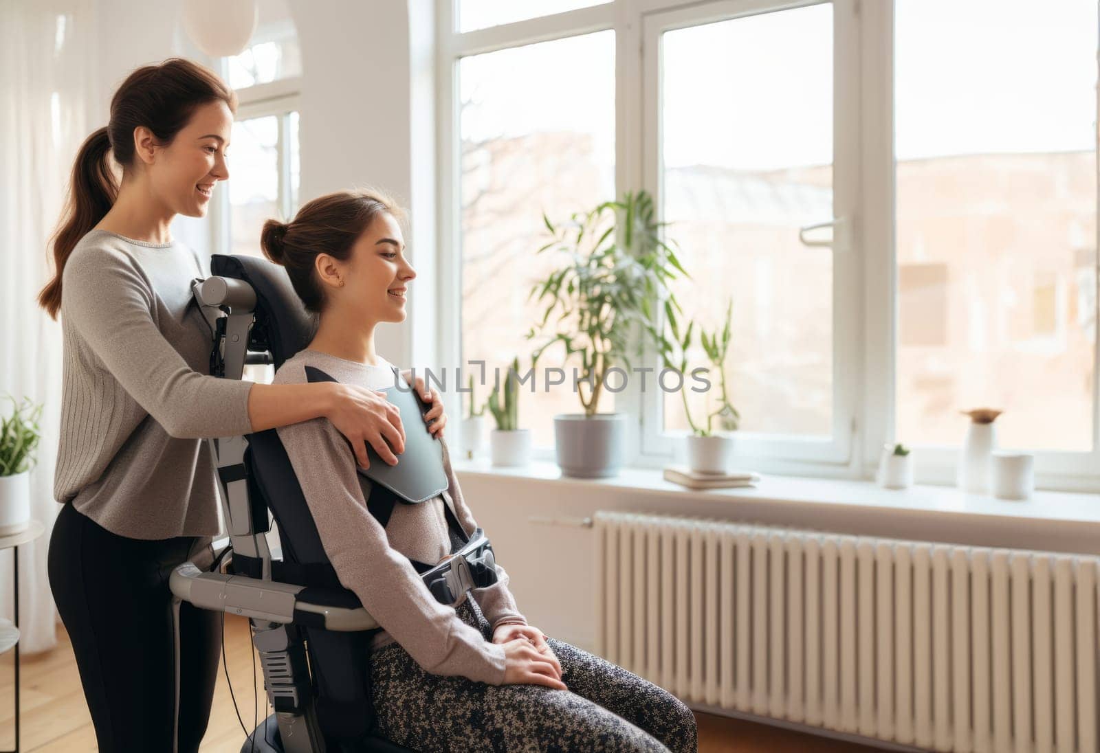 Compassionate Home Visit: Doctor Attends to Patient in Wheelchair with Broken Neck.Generated image by dotshock