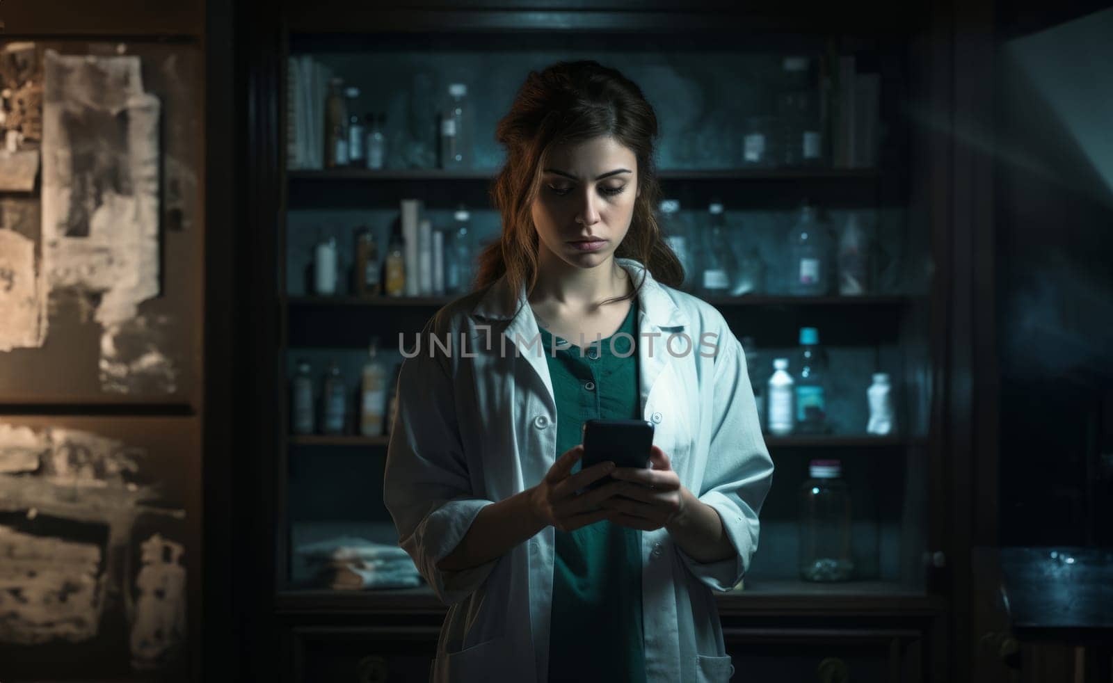 Doctor Uses Smartphone to Check Medication Inventory in Pharmacy.Generated image by dotshock