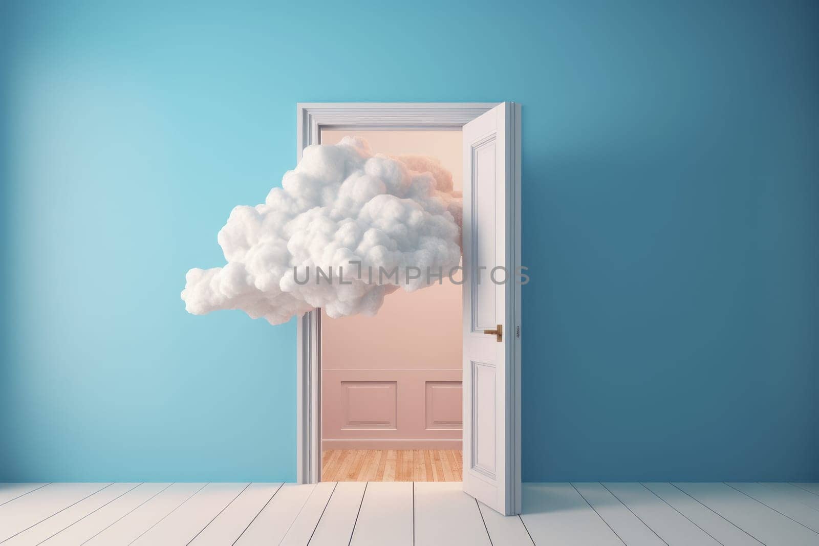 Door on blue background. Art wall. Generate Ai