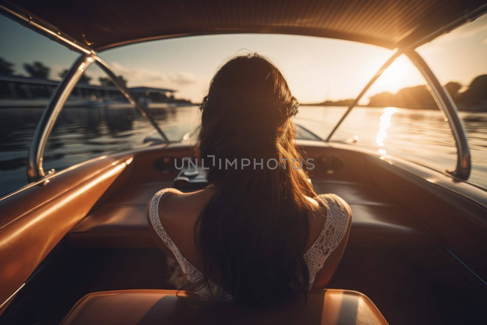 Woman luxury boat sunset. Happy female. Generate Ai