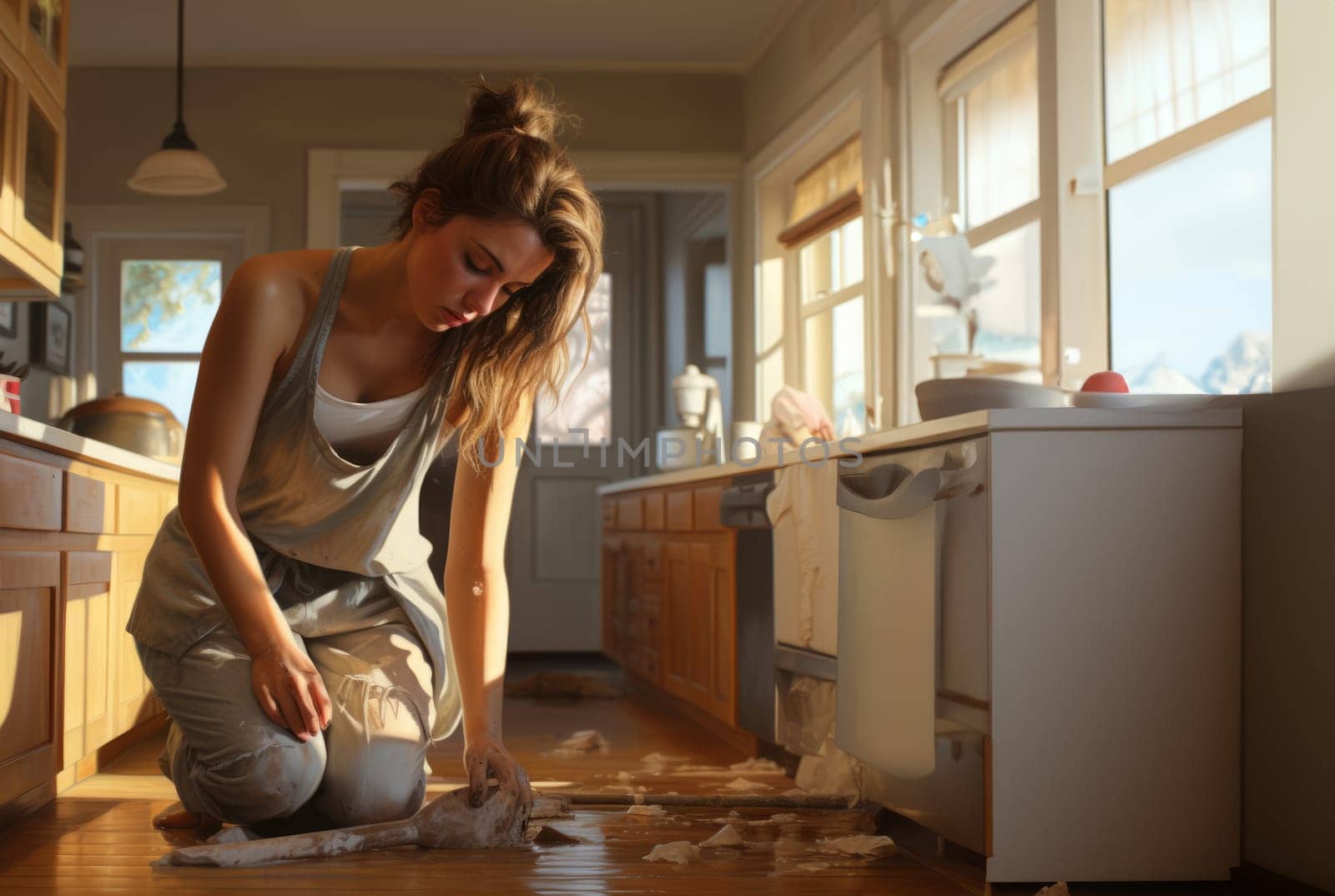 A scene of domestic fatigue, a tired woman diligently cleans both the living room and kitchen, showcasing the everyday challenges of household upkeep