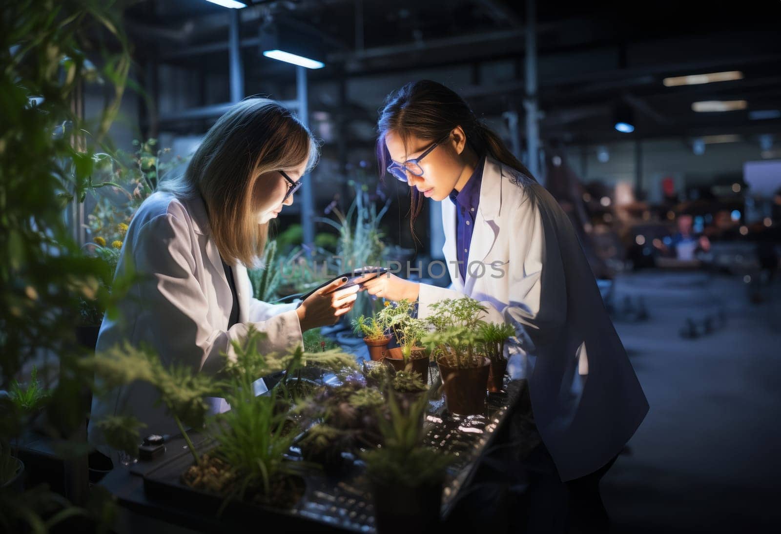 Exploring Botanical Wonders: Female Biologist Colleagues Investigate Plants in the Institute.Generated image by dotshock