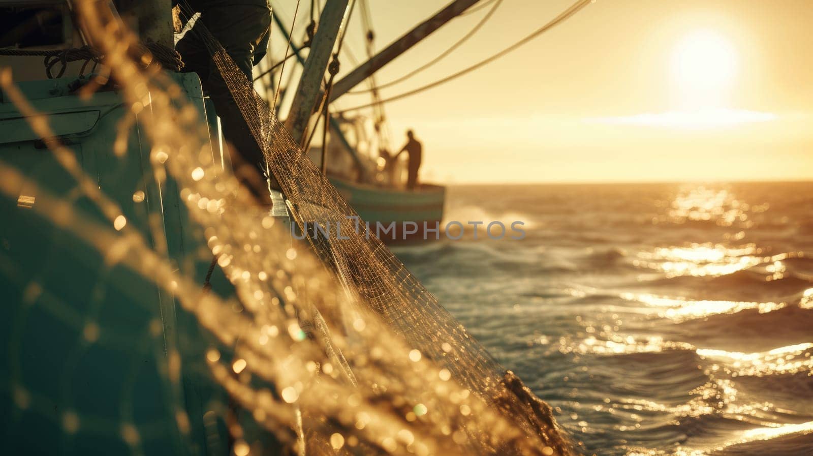 A group of fishermen enjoying the sunset while standing on a boat in the middle of the ocean, surrounded by water and the vast sky above. AIG41
