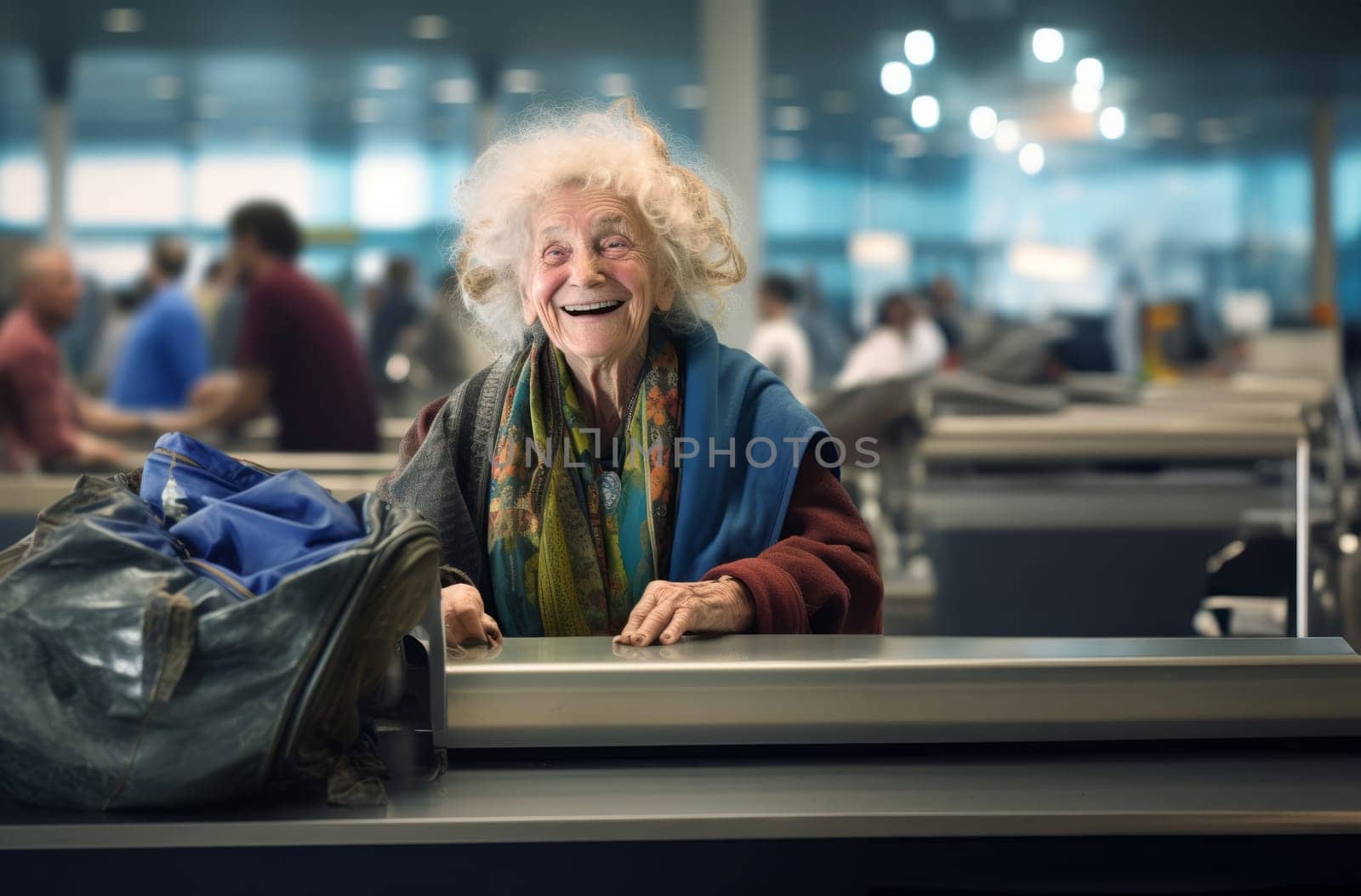 A heartwarming moment of joyful anticipation, a happy elderly woman sits at the airport, eagerly awaiting an adventurous journey ahead, brimming with excitement and anticipation