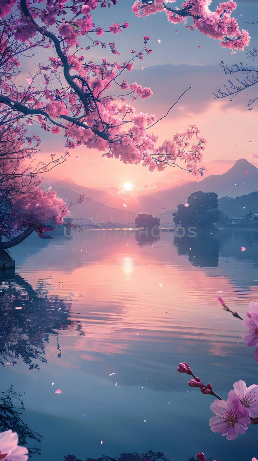 As the sun sets over the lake, cherry blossom trees create a stunning foreground against the colorful sky and reflected clouds on the waters surface, creating a serene natural landscape