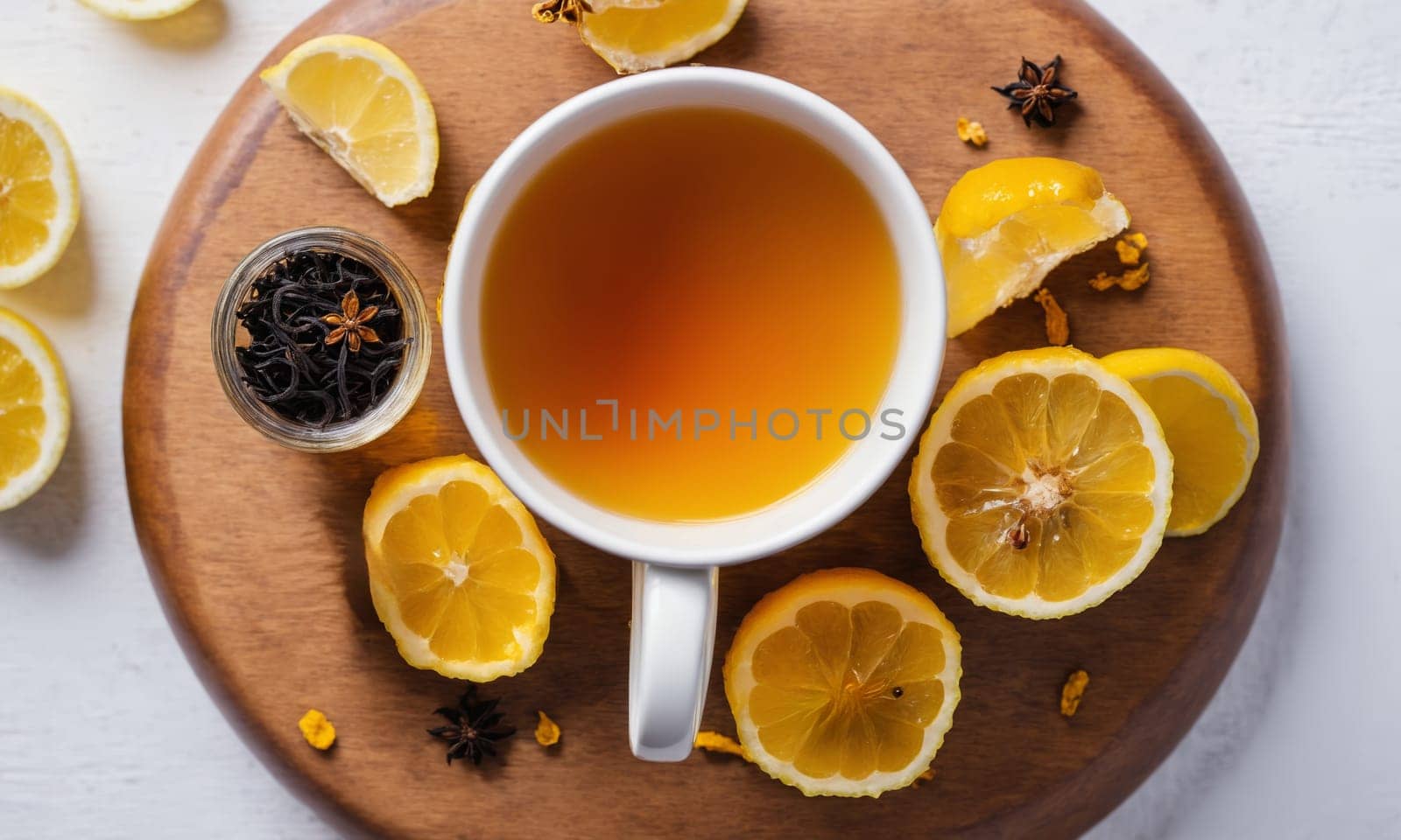 Top view of cup with black tea, turmeric, honey and lemon on white background.