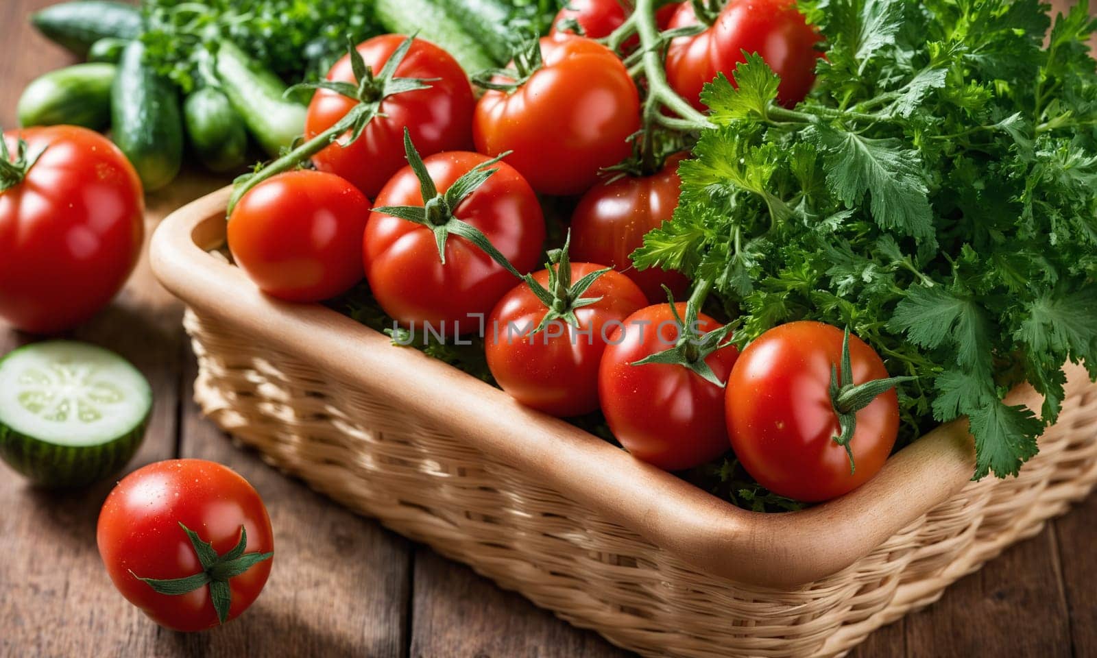 Cucumbers, tomatoes and parsley in a basket on a wooden table.