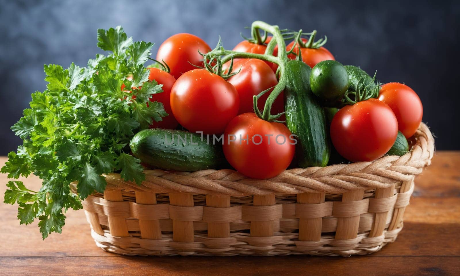 Cucumbers, tomatoes and parsley in a basket on a wooden table.