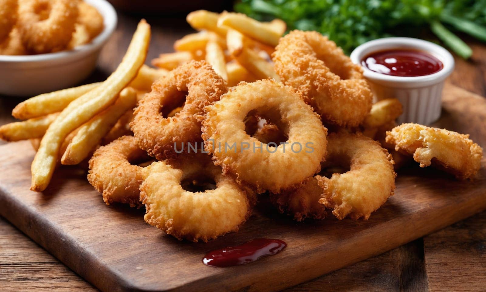 Top view of fast food onion rings, french fries, chicken nuggets and fried chicken on wooden table.