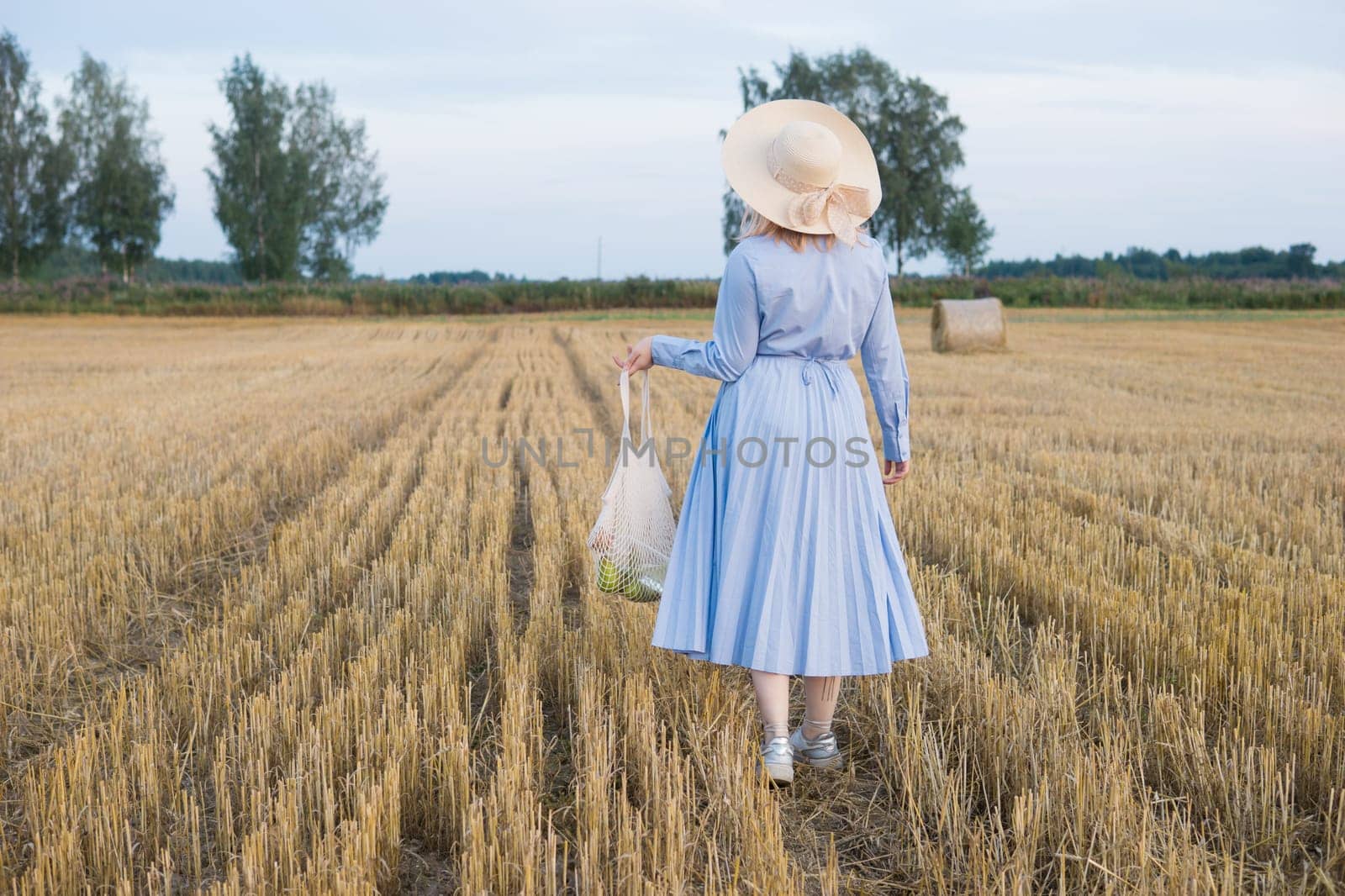 A red-haired woman in a hat and a blue dress walks in a field with haystacks. The view from the back