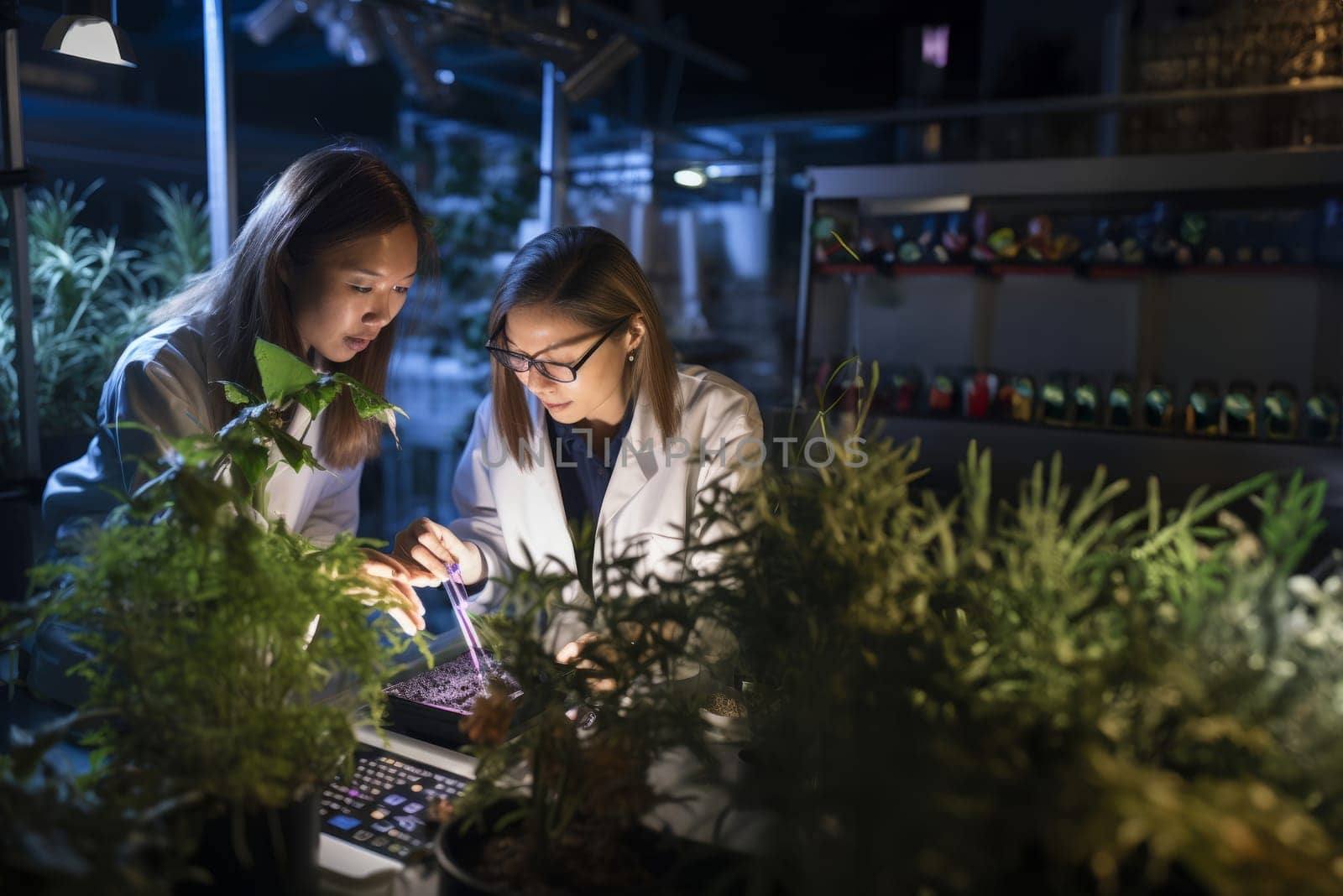 In a research institute, female biologist colleagues collaborate as they meticulously explore and study various plants, delving into the intricacies of botany with dedication and expertise.