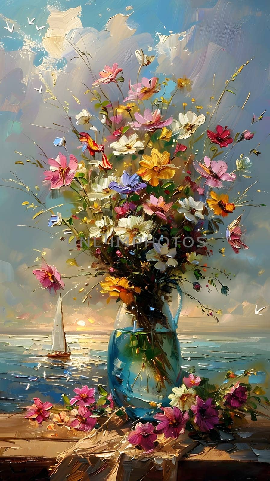 An art piece featuring a floral bouquet in a vase with a sailboat in the background, showcasing a beautiful blend of nature and creativity