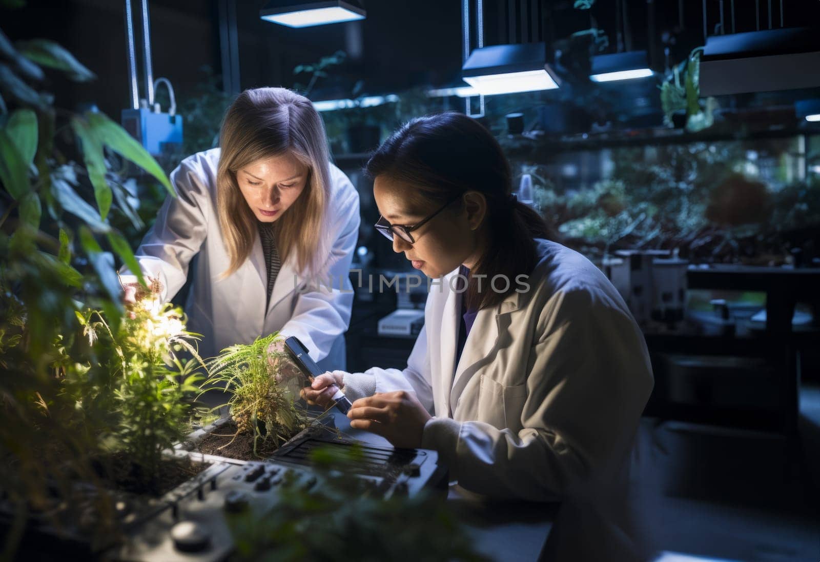 Exploring Botanical Wonders: Female Biologist Colleagues Investigate Plants in the Institute.Generated image by dotshock