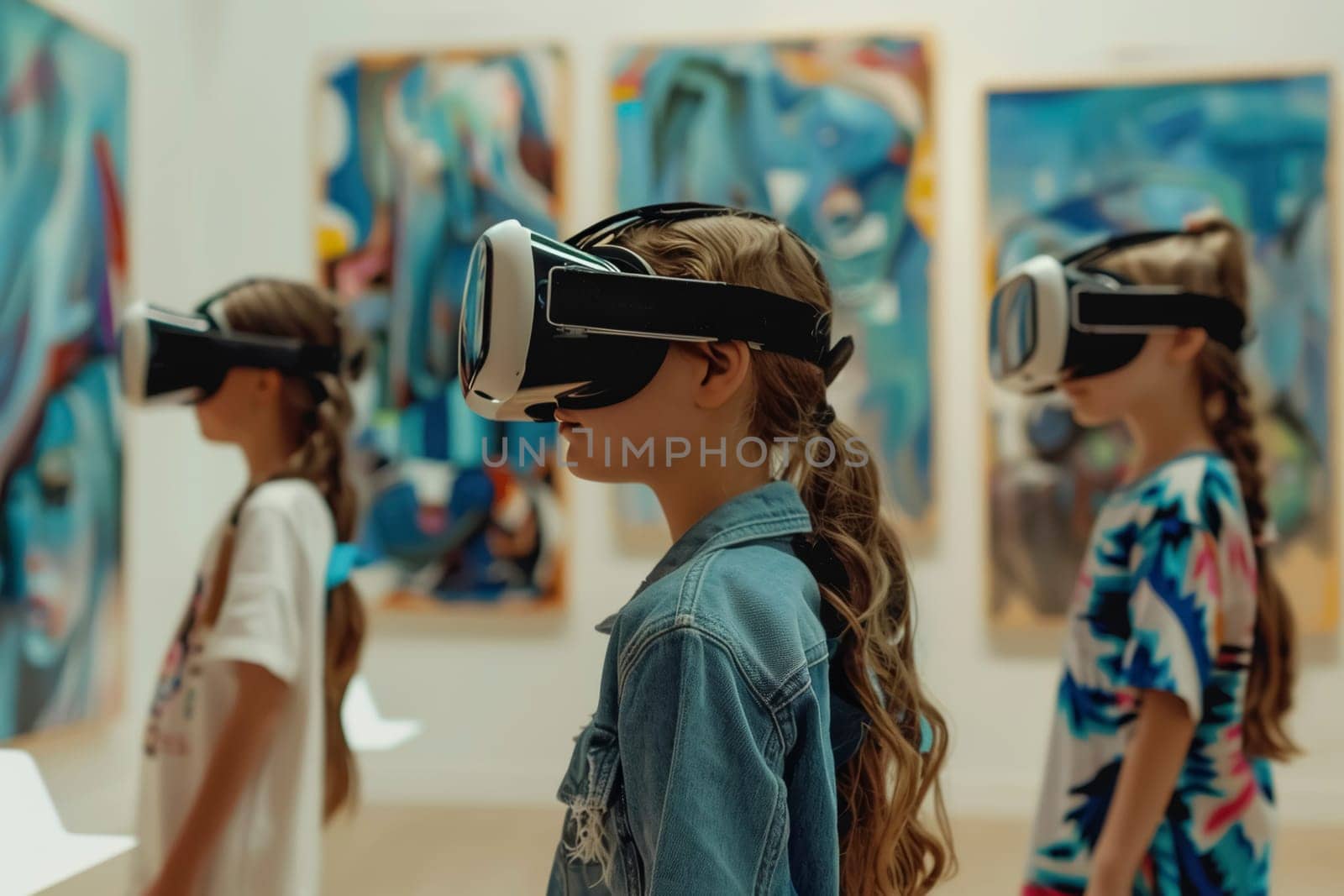 Children in a vibrant art class wear virtual reality headsets, engrossed in creating digital masterpieces. The fusion of technology and art introduces a new dimension of creativity for these young minds