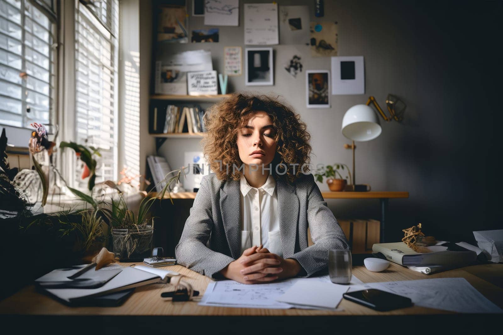 Fatigued Businesswoman Finding Mental Respite After Long Workday.Generated image by dotshock