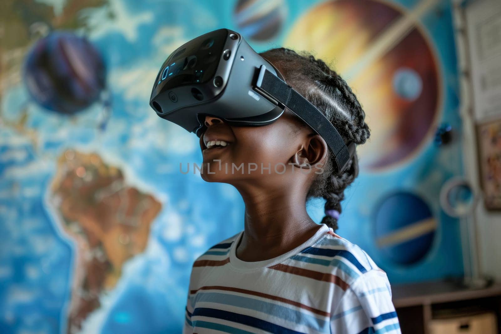 A young girl is immersed in learning about the solar system through a virtual reality headset. Her excitement is palpable as she navigates through the cosmos, surrounded by images of planets and stars