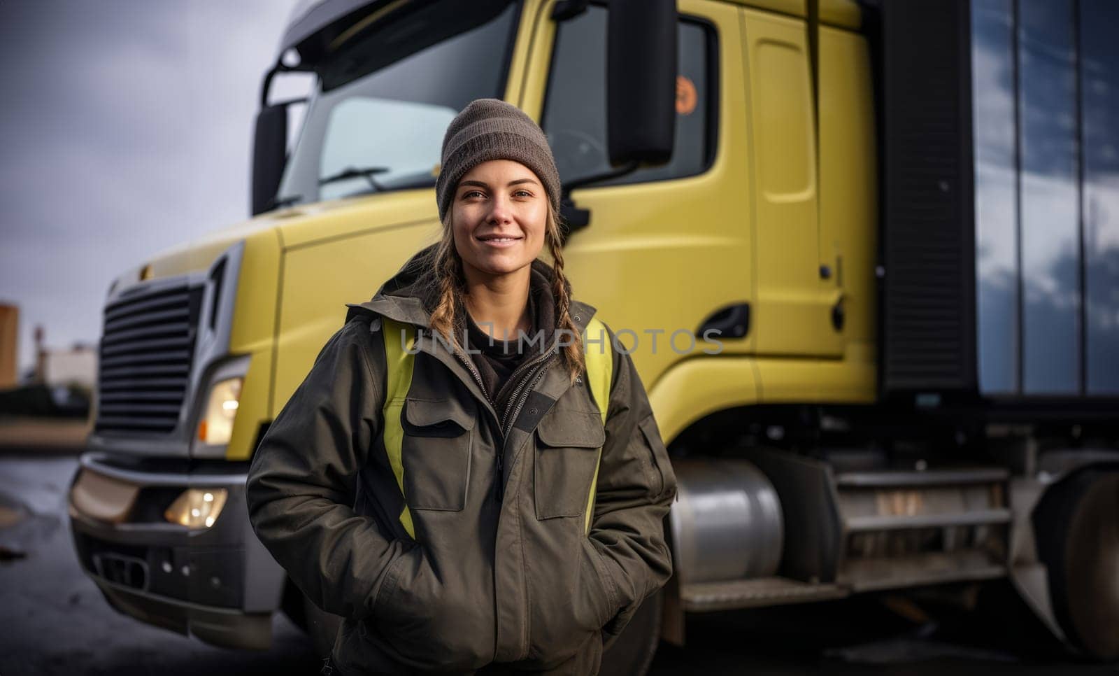 A woman trucker stands tall in front of her rig, a symbol of strength and determination.