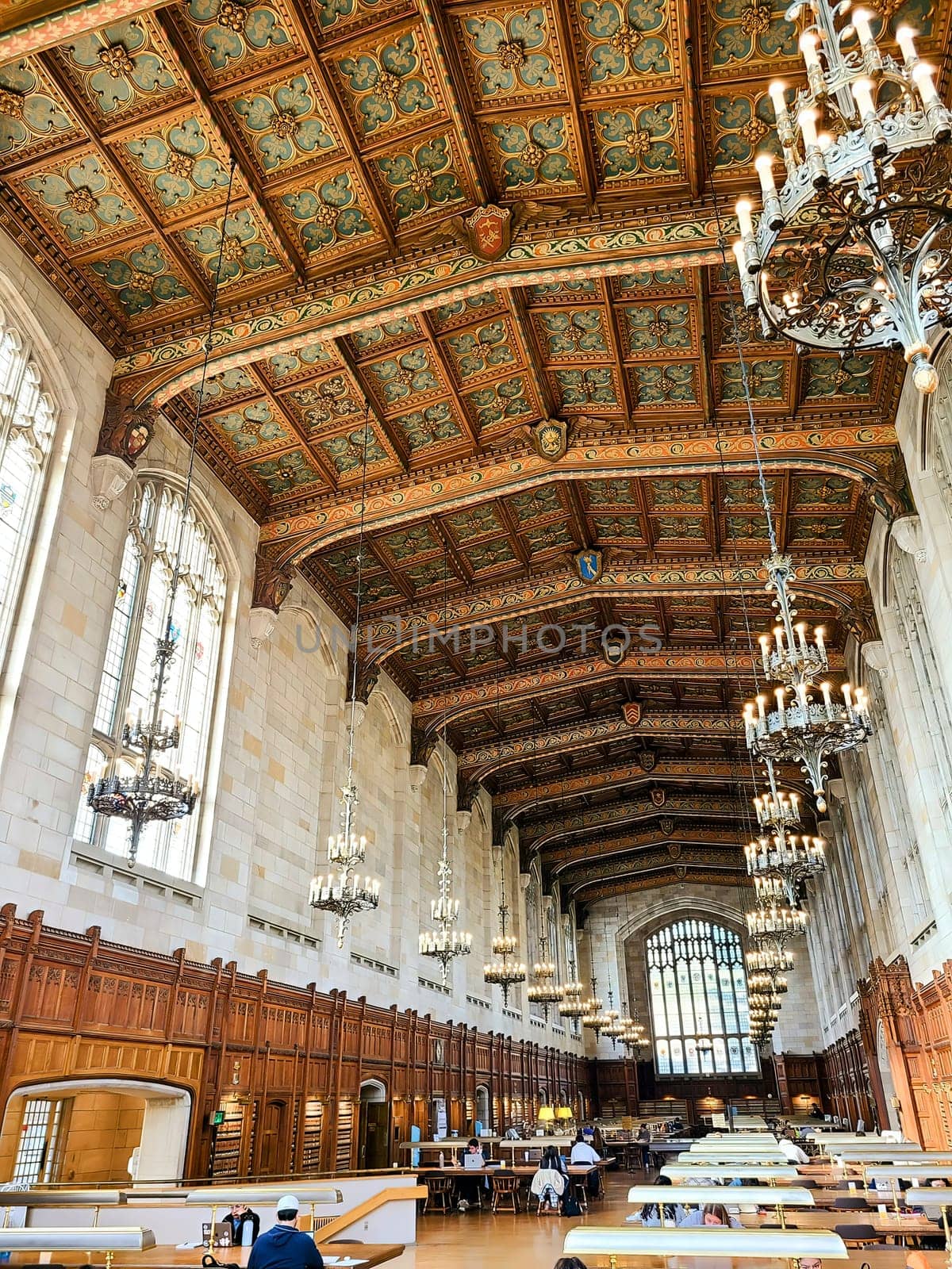 Grand Interior of University of Michigan Law Library with Ornate Ceiling and Studious Patrons