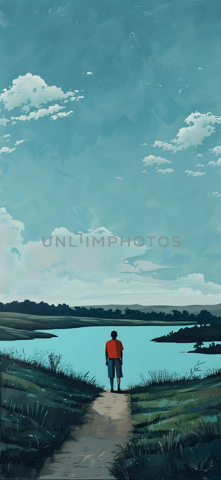 A man gazes at the calm lake under a cloudy sky in a serene natural landscape by Nadtochiy