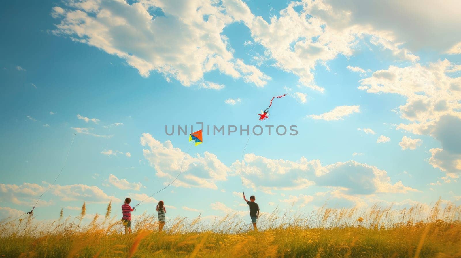 A group of people are flying kites in a grassy field under the azure sky with fluffy cumulus clouds floating in the atmosphere. AIG41