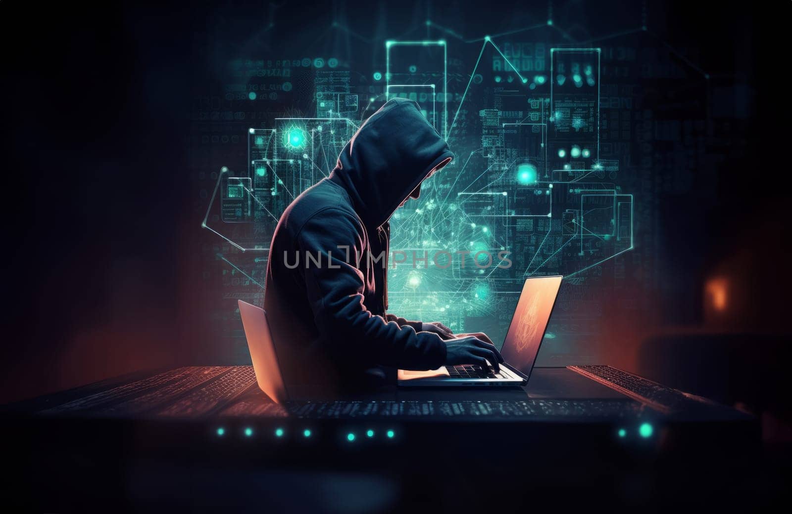 Hacker working on a laptop, surrounded by technological holograms and numbers, representing the digital world and the future of hacking.