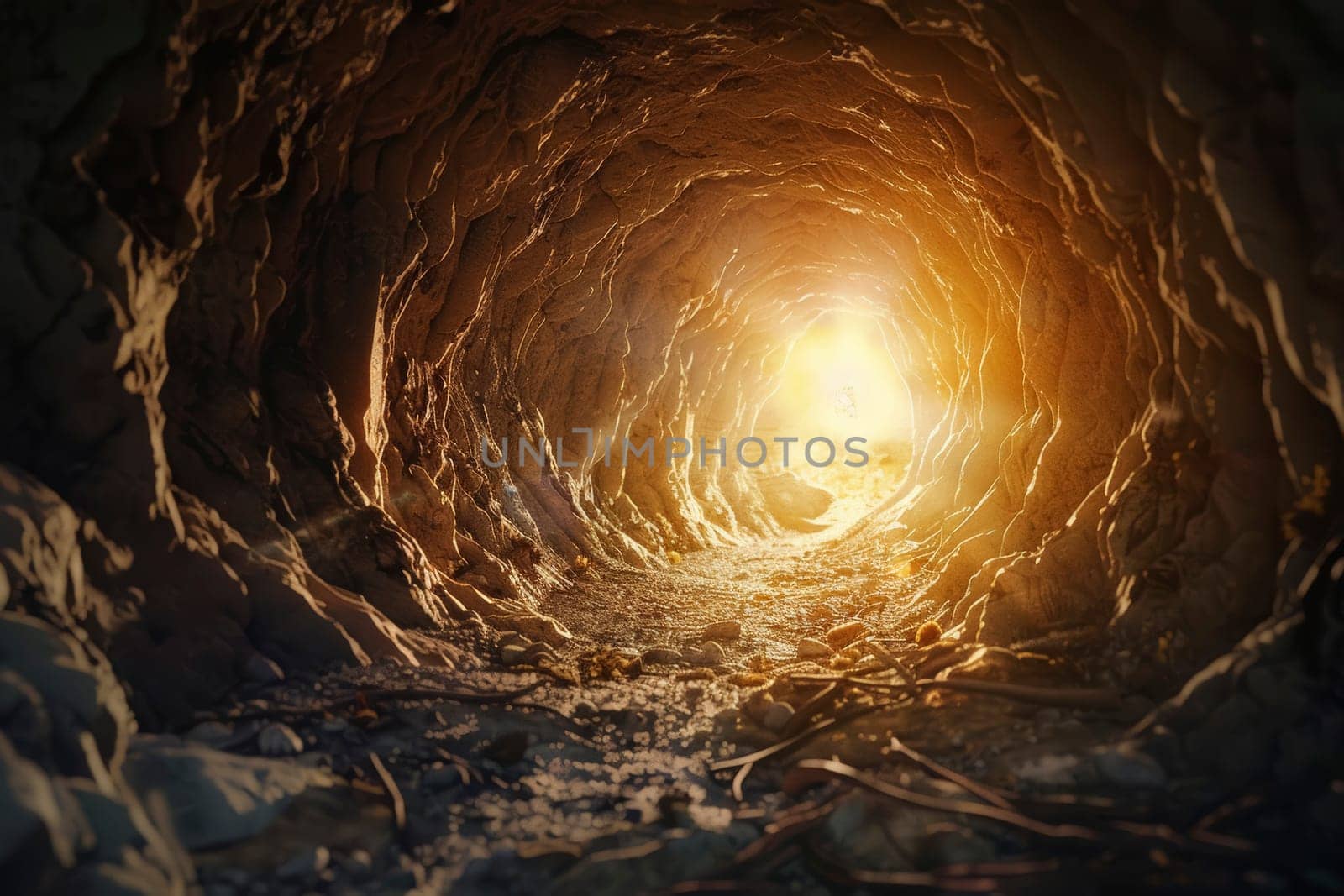 A metaphorical representation of hope, with sunlight streaming through the end of a rugged tunnel. The journey through darkness leading to a bright exit symbolizes optimism