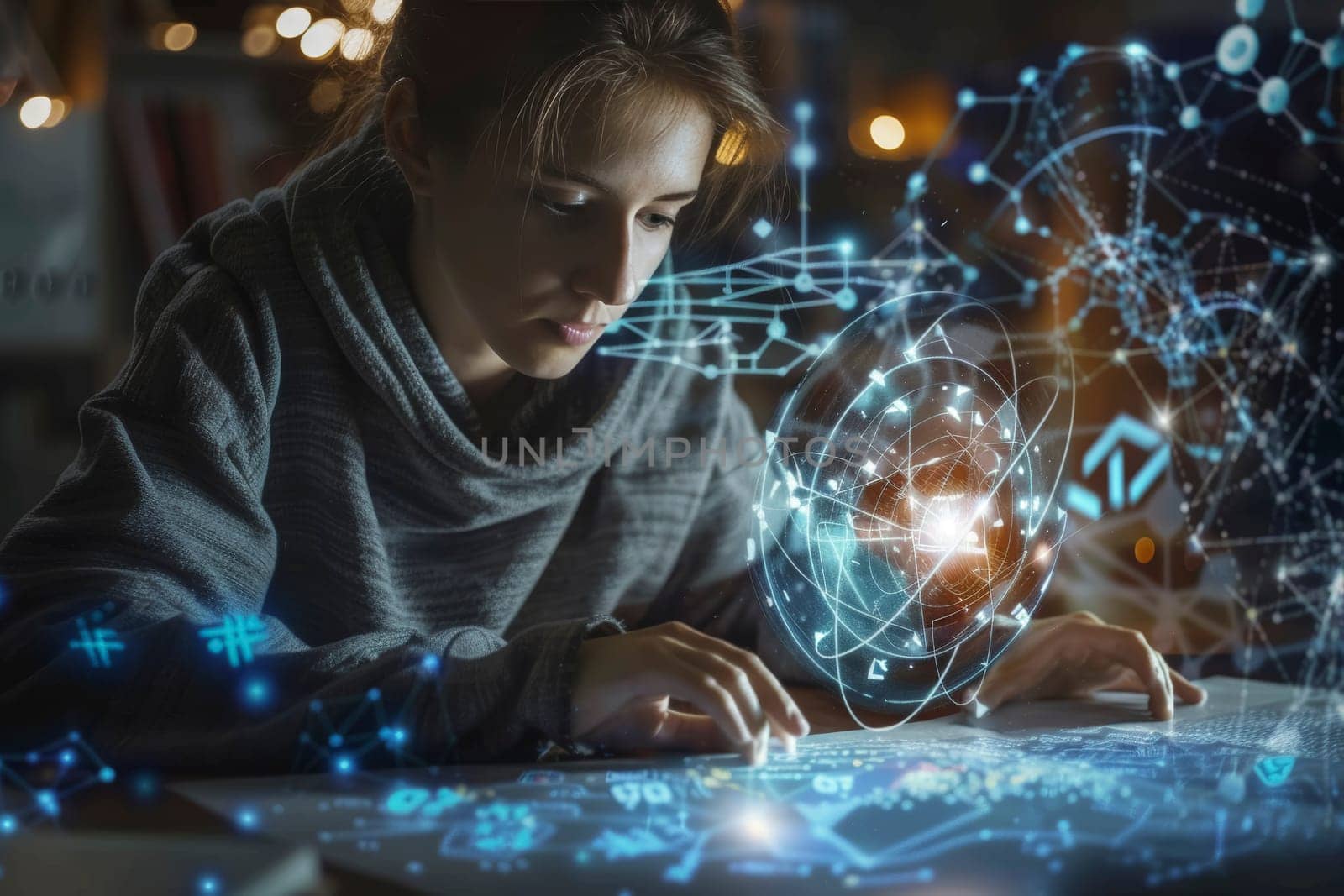 A learner engages with complex mathematical concepts, visualized through advanced technology. The intricate patterns of math become accessible and intriguing as she interacts with digital simulations