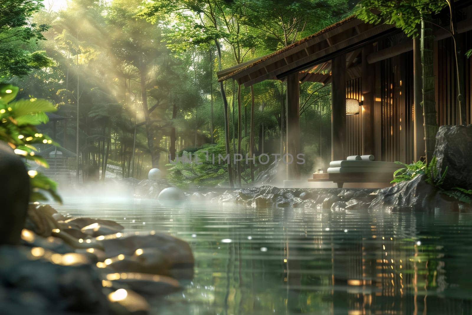 A tranquil spa retreat enveloped in a lush forest setting, with mist rising from a hot pool surrounded by natural stones. Sunlight filters through the trees, enhancing the serene atmosphere