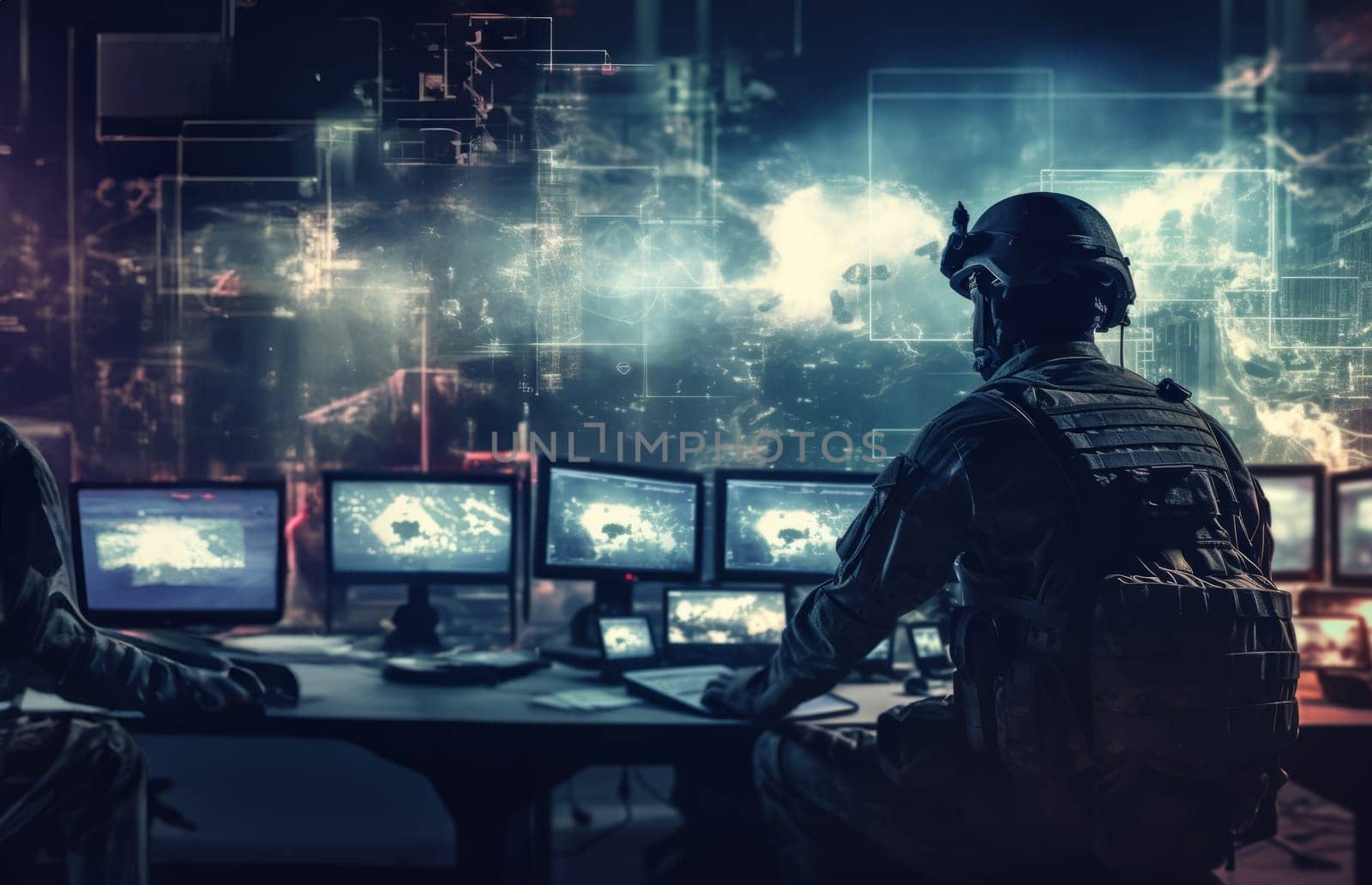 A professional soldier utilizes advanced technology as he interfaces with combat holograms on his computer, showcasing the integration of digital tactics in military operations