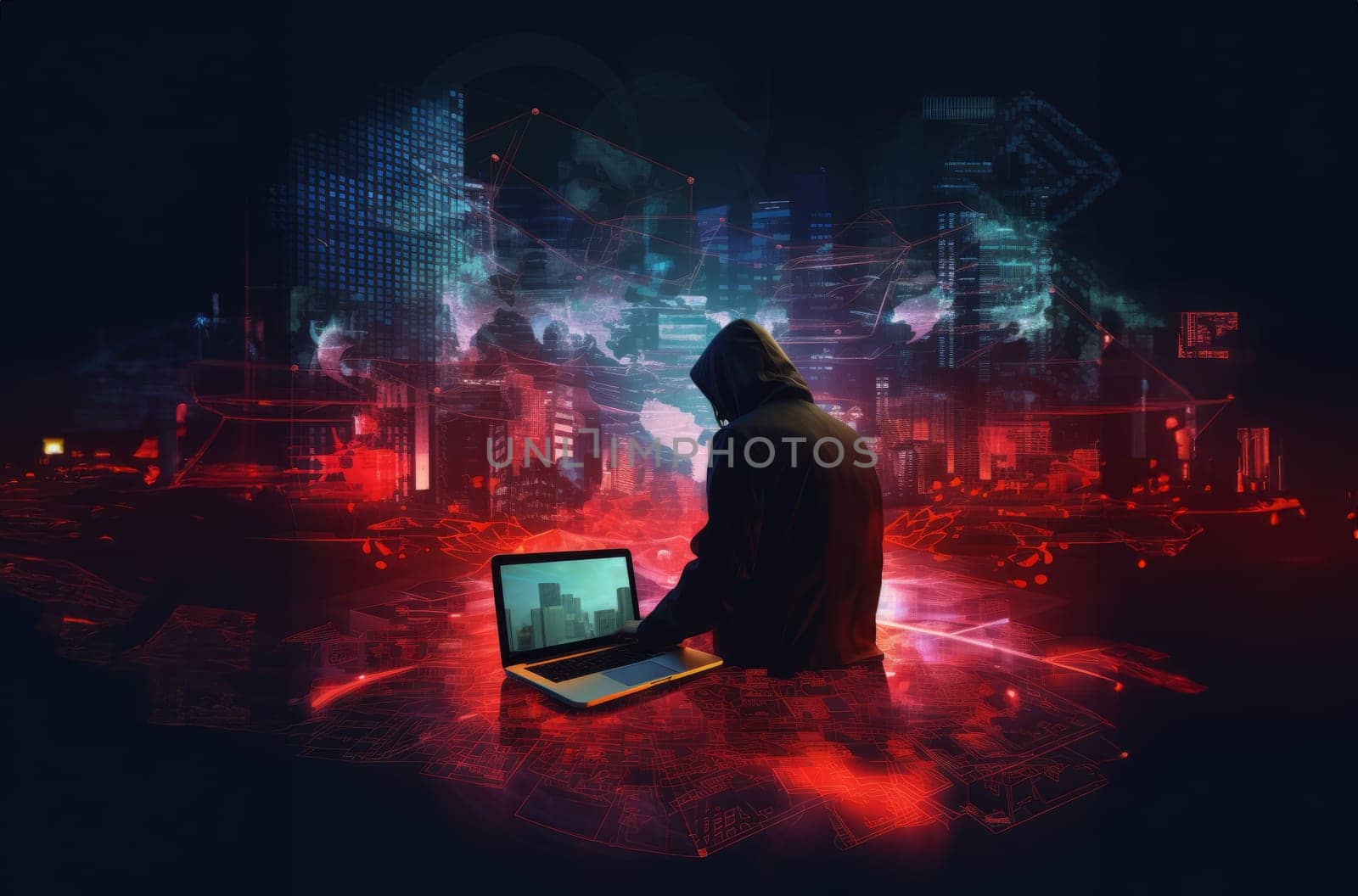 A holographic hacker works on a laptop in a futuristic world.Generated image by dotshock
