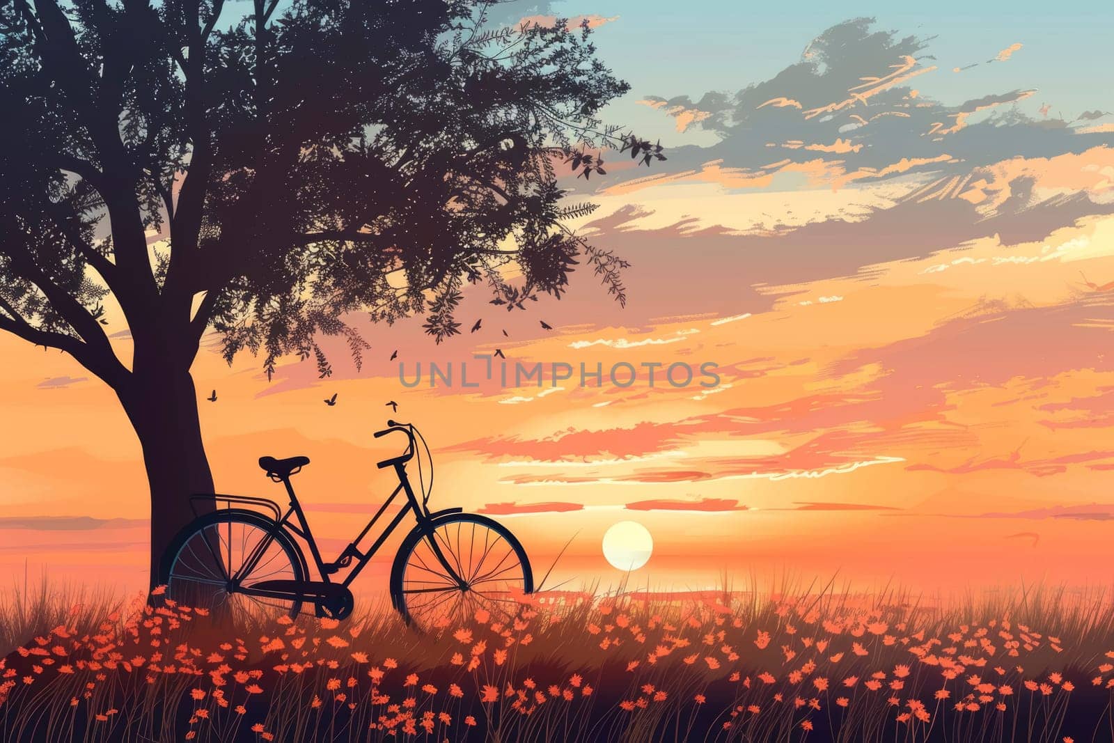 A tranquil scene unfolds with a bicycle resting against a silhouetted tree at sunset. The sky is a vibrant tapestry of warm colors as dusk approaches.