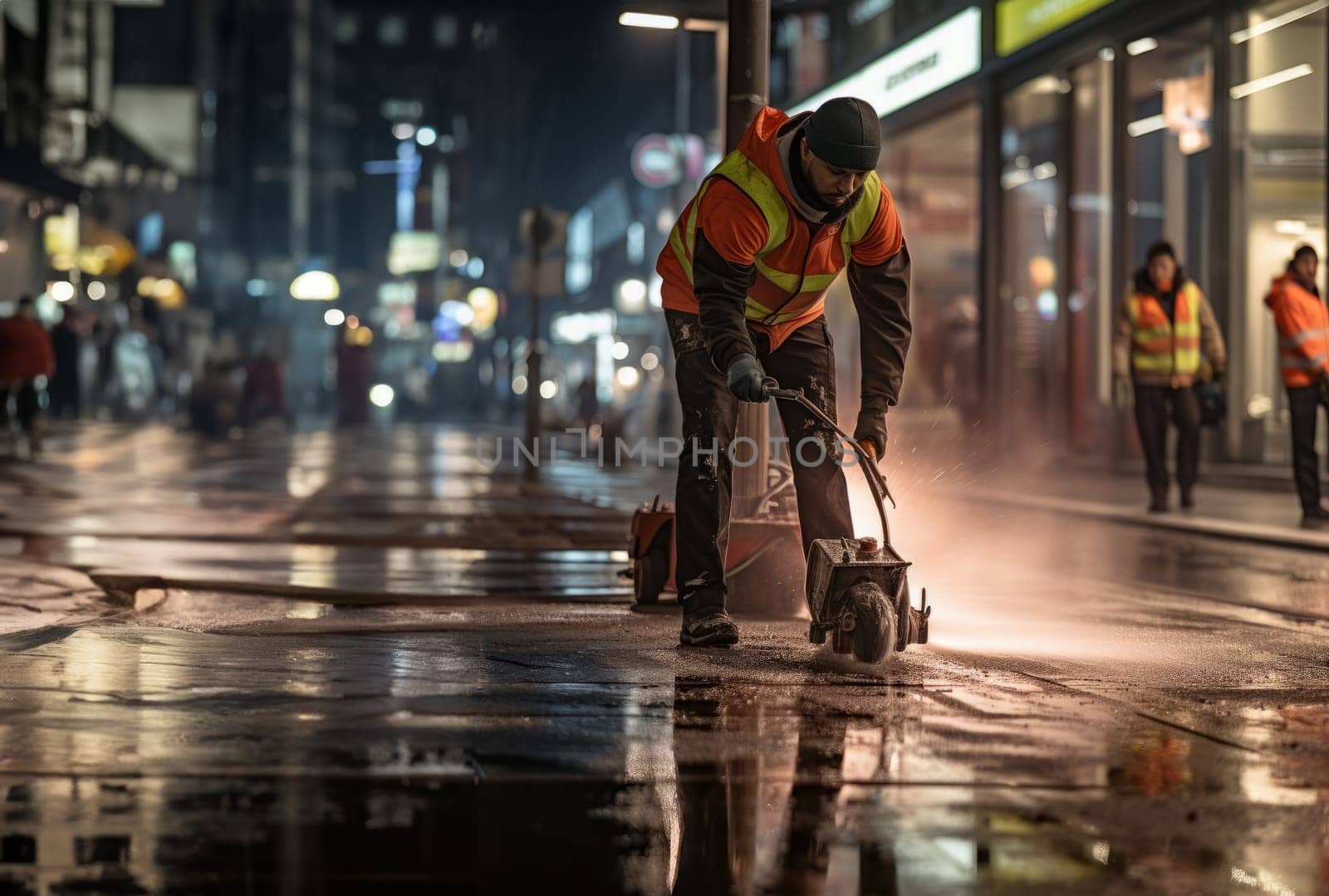 In the early hours of the morning, dedicated street cleaners diligently prepare the city for a fresh day, ensuring cleanliness and tidiness for all residents and visitors
