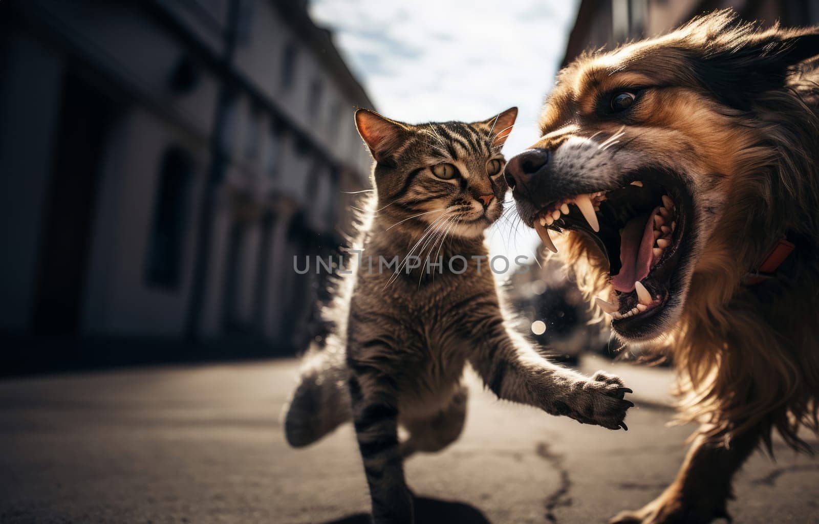 A dangerous street fight unfolds between a cat and a dog, showcasing the intense confrontation between these urban adversaries