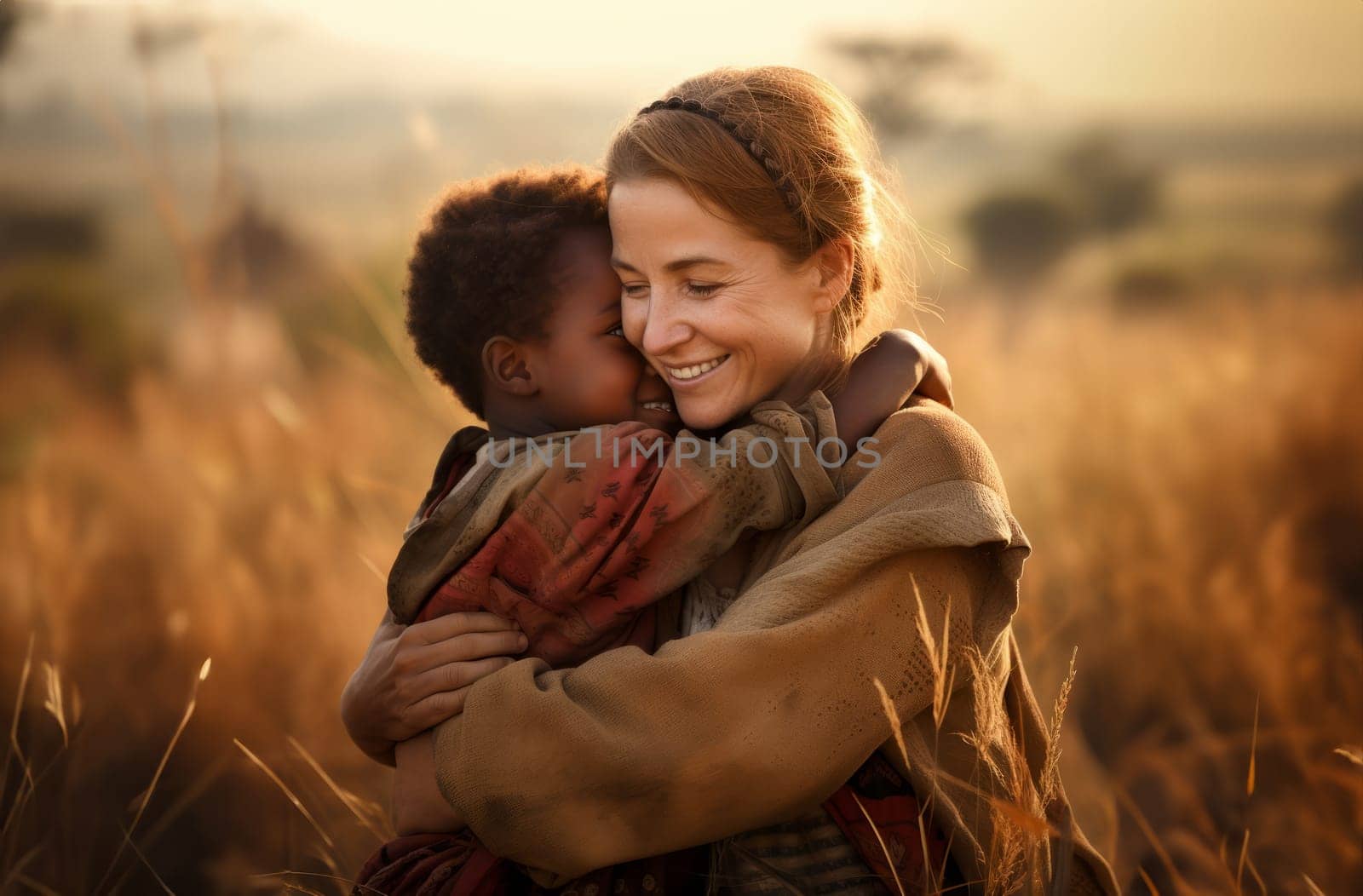 Cross-Cultural Compassion.European Volunteer Embraces African-American Child in African Desert.Generated image by dotshock