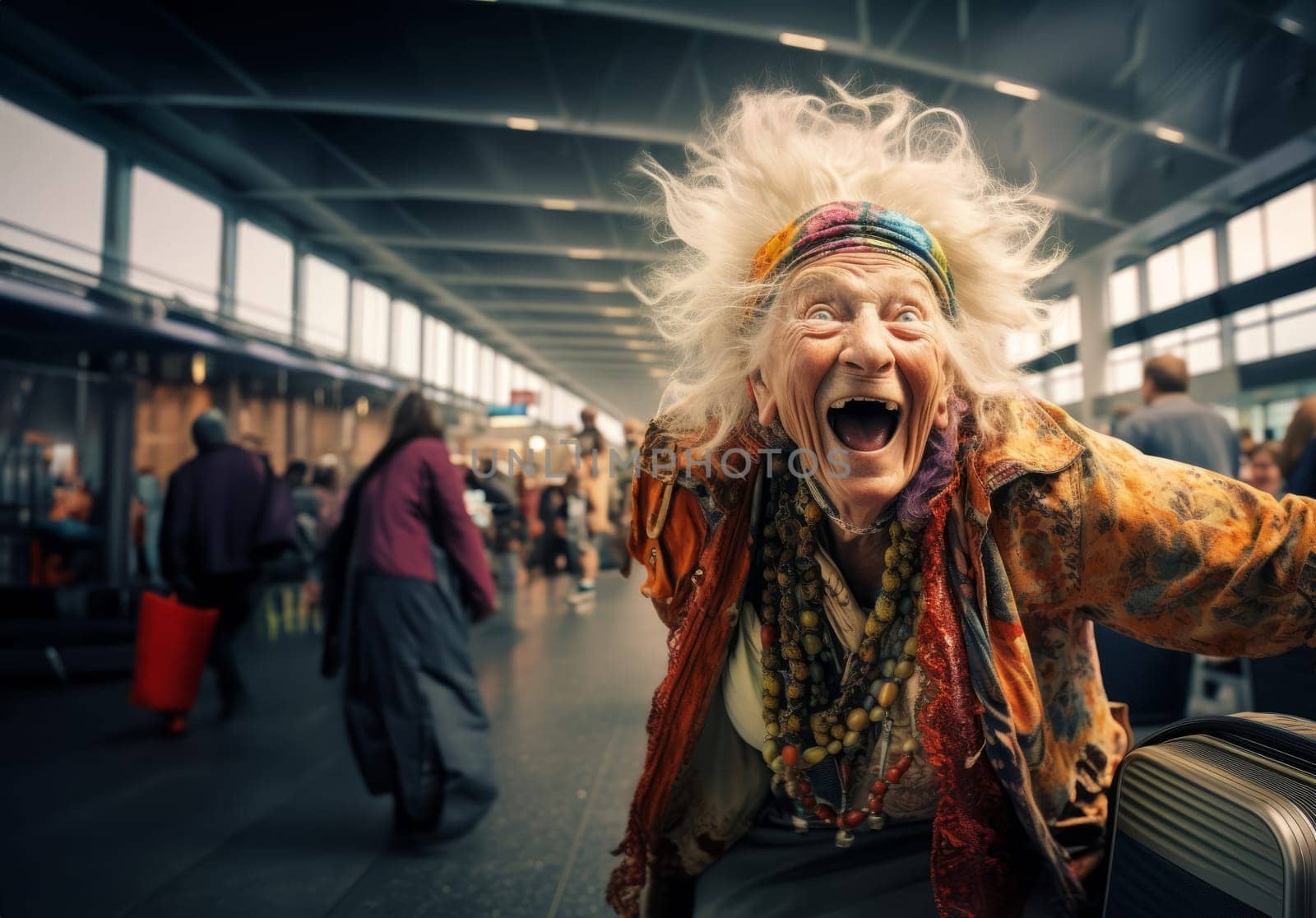 Happy Elderly Woman at Airport, Excited for Adventurous Journey.Generated image by dotshock