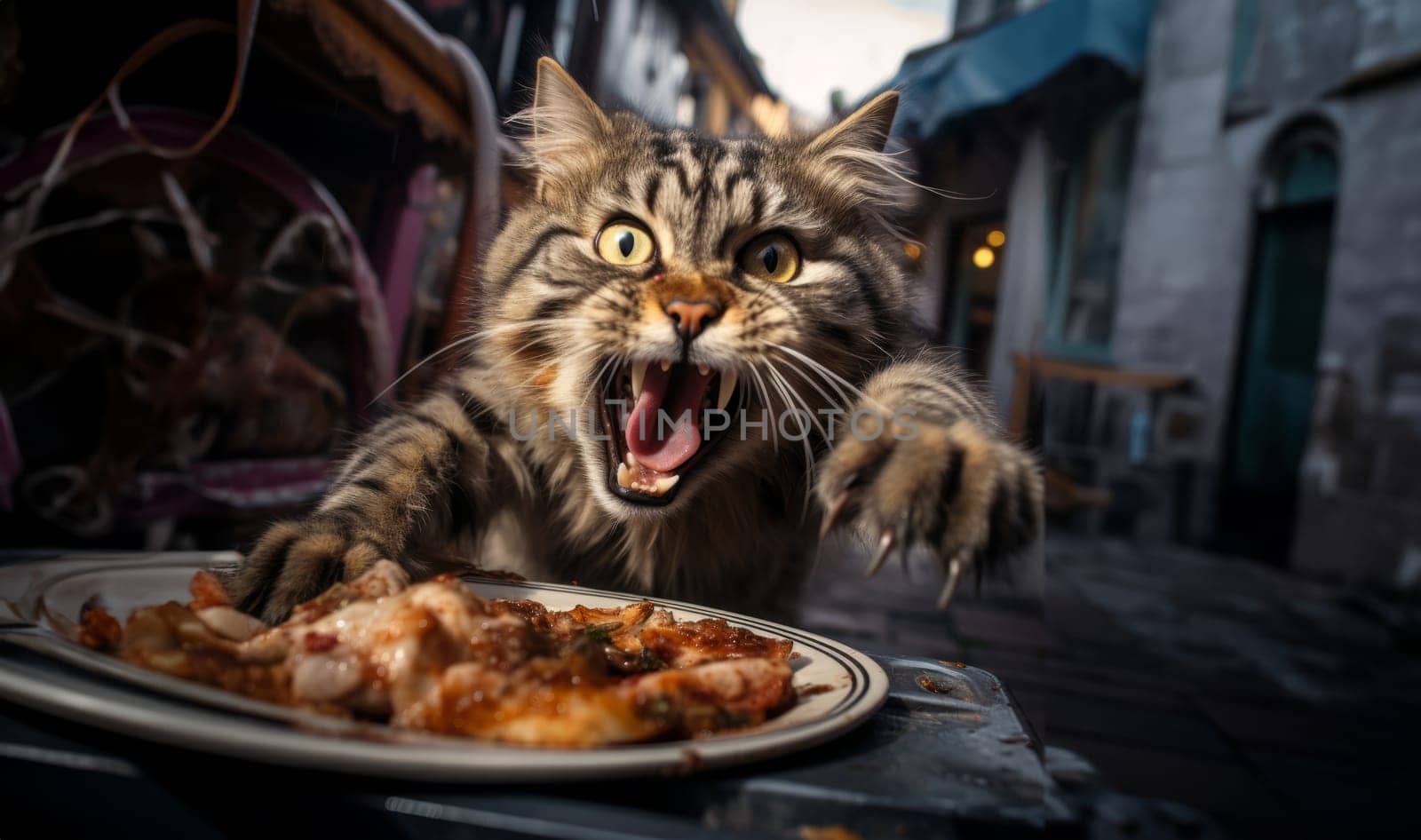 A hungry cat attacks its food with a wild fury.Generated image by dotshock