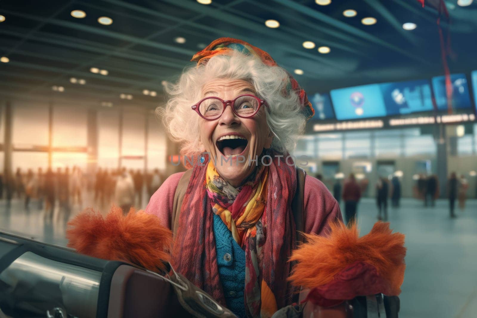 A heartwarming moment of joyful anticipation, a happy elderly woman sits at the airport, eagerly awaiting an adventurous journey ahead, brimming with excitement and anticipation