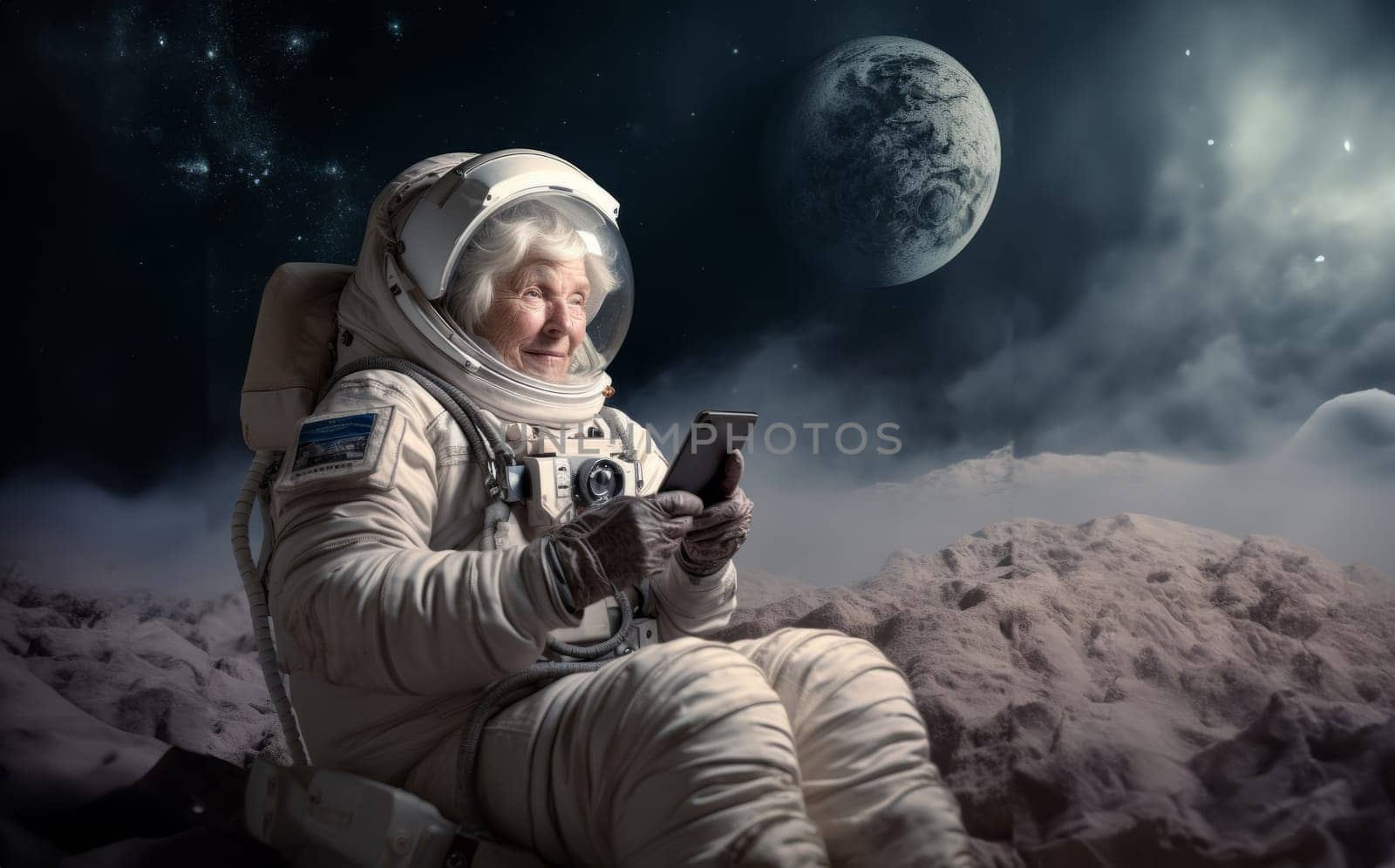 A grandmother astronaut takes a well-deserved break on the moon, checking her phone for messages from back home.