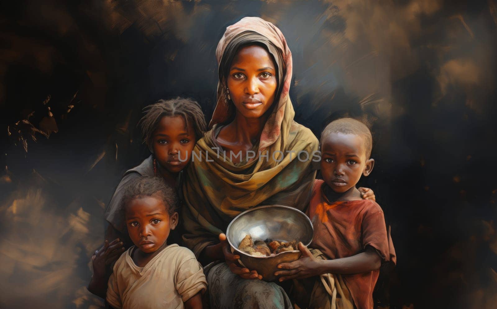 African-American Mother Nourishes Her Hungry Children.Generated image by dotshock